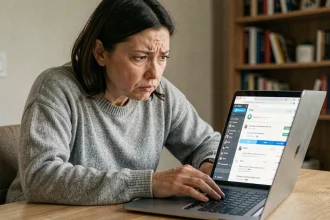 Femme consultant des résultats de recherche sur son ordinateur portable avec une expression de doute et d'inquiétude