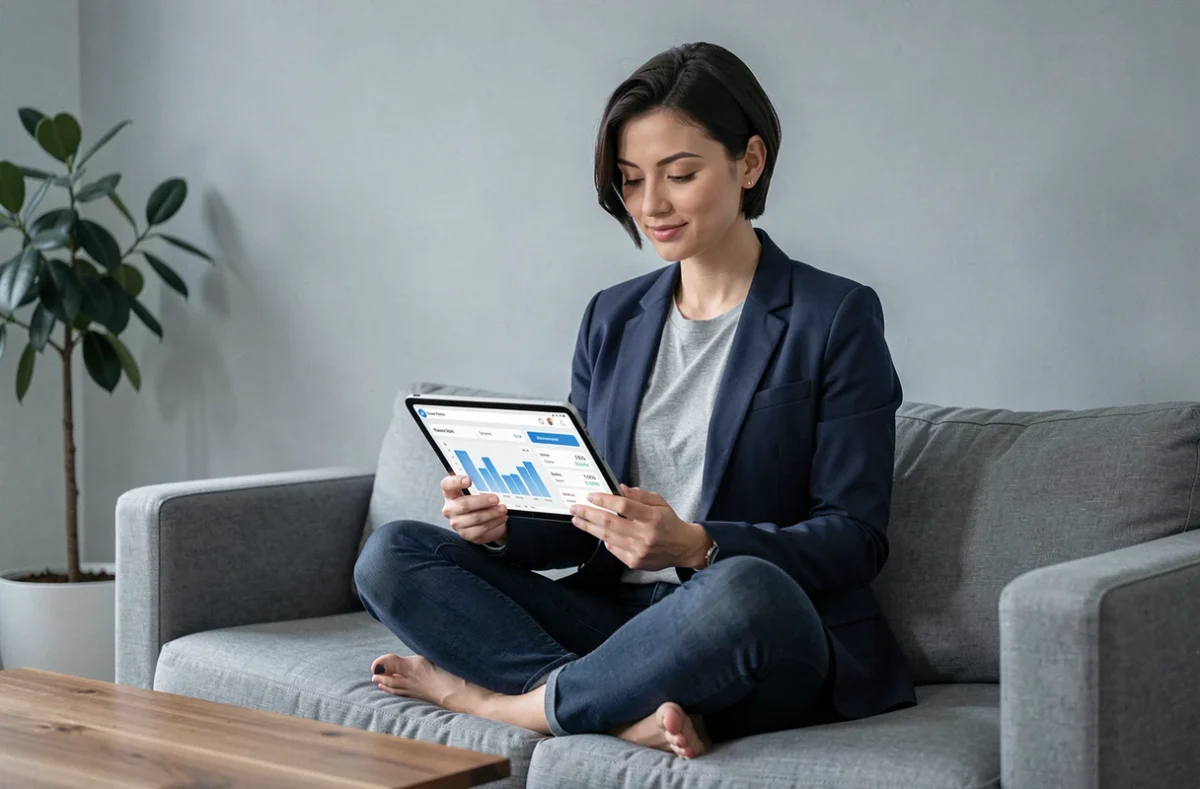 Femme entrepreneuse consultant un tableau de bord de performance commerciale sur une tablette dans un salon moderne