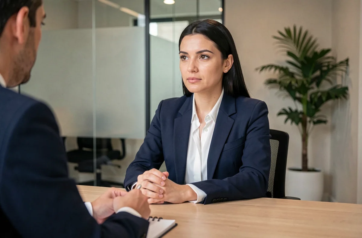 Femme en entretien d'embauche répondant avec assurance à une question sur ses défauts professionnels