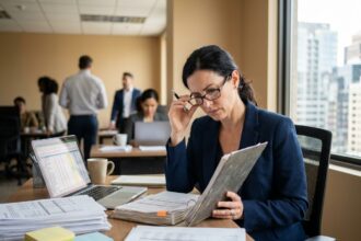 Femme comptable dépassée par la gestion administrative dans un bureau encombré de documents financiers