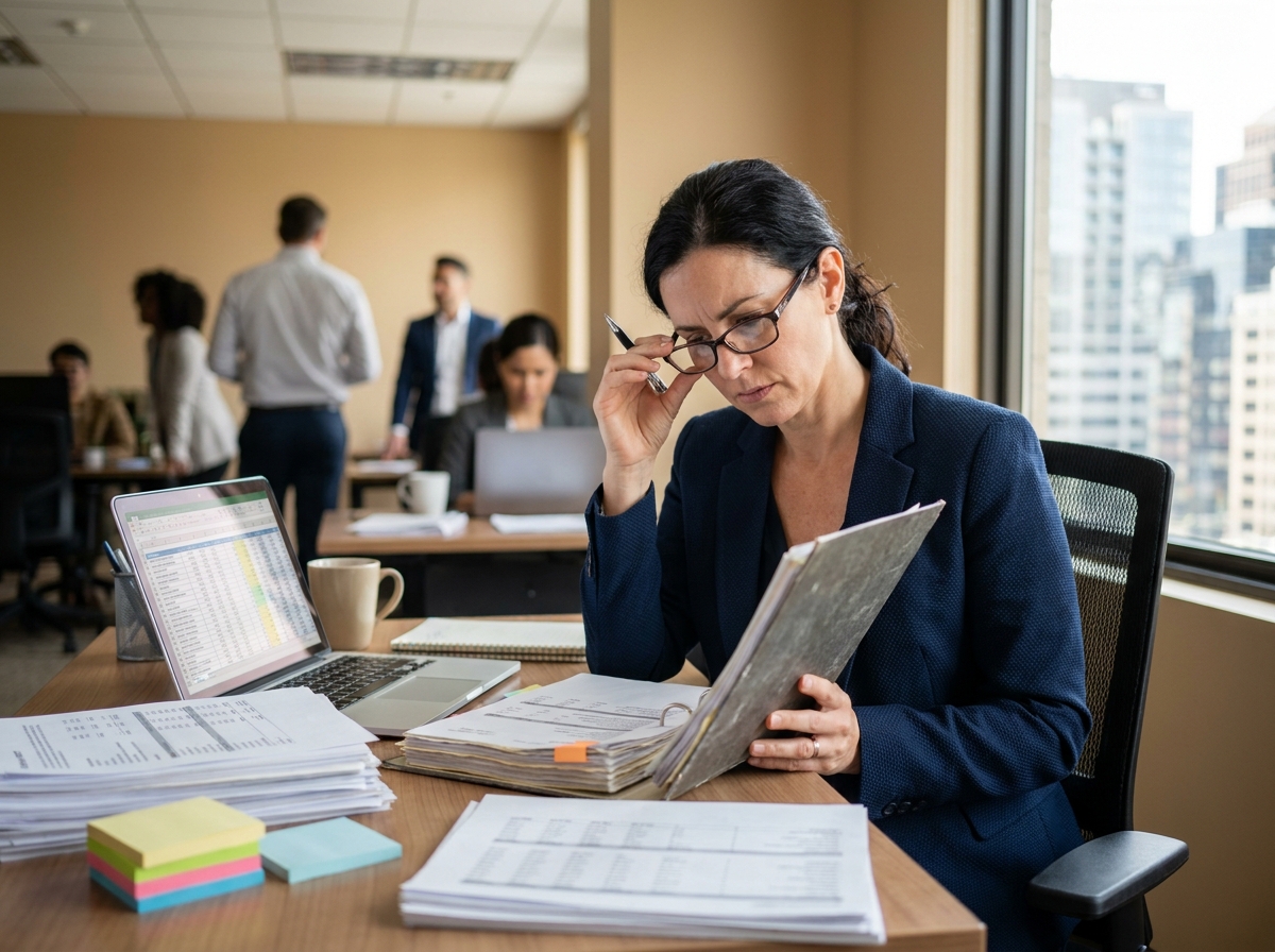 Femme comptable dépassée par la gestion administrative dans un bureau encombré de documents financiers