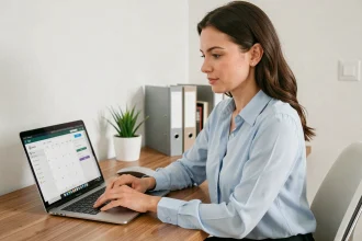 Femme professionnelle gérant son planning sur un extranet de service à domicile depuis son bureau à domicile