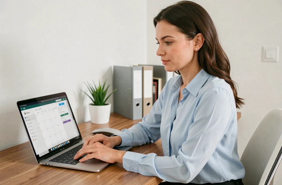 Femme professionnelle gérant son planning sur un extranet de service à domicile depuis son bureau à domicile