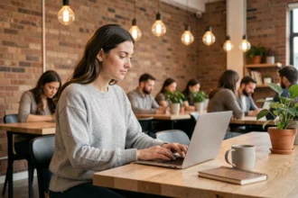 Femme indépendante travaillant sur son ordinateur portable dans un espace de coworking moderne avec murs en briques apparentes