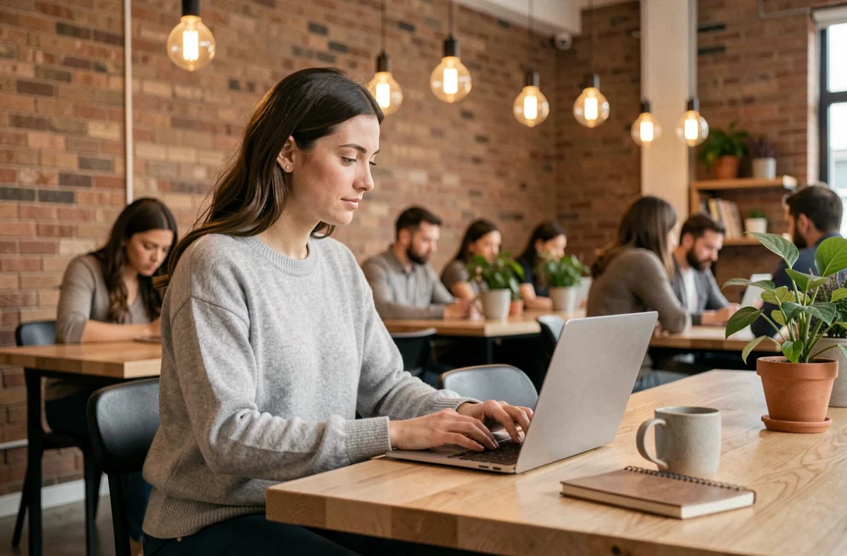 Femme indépendante travaillant sur son ordinateur portable dans un espace de coworking moderne avec murs en briques apparentes