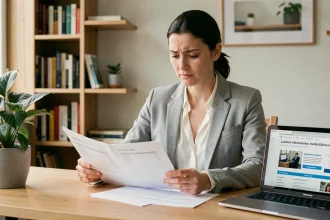 Femme indépendante consultant des documents sur les statuts juridiques pour travailleurs non-salariés à son bureau
