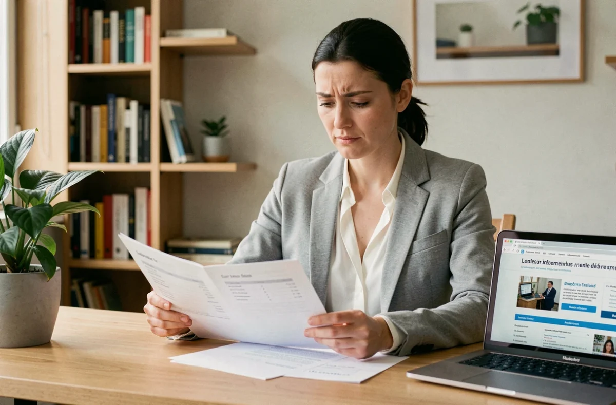 Femme indépendante consultant des documents sur les statuts juridiques pour travailleurs non-salariés à son bureau