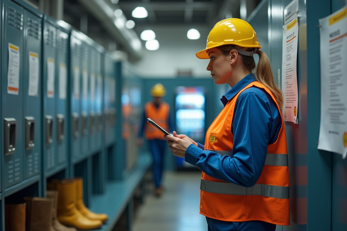 Femme en uniforme vérifiant une affiche dans une salle de pause industrielle