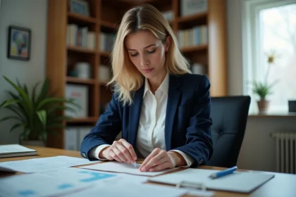 Femme en blazer bleu scellant une lettre recommandée dans un bureau à domicile, entourée de documents officiels et d'un calendrier