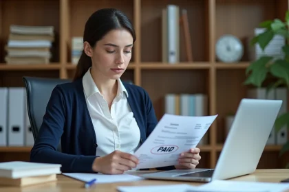 Femme en blanc et bleu vérifiant une facture payée au bureau
