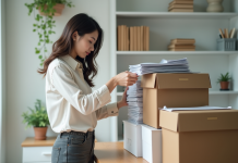 Jeune femme organisant des documents dans un bureau moderne