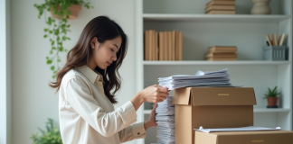Jeune femme organisant des documents dans un bureau moderne