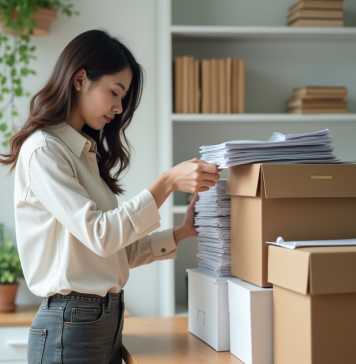 Stockage documents papier : Comment et où les organiser pour gagner de la place ? Jeune femme organisant des documents dans un bureau moderne