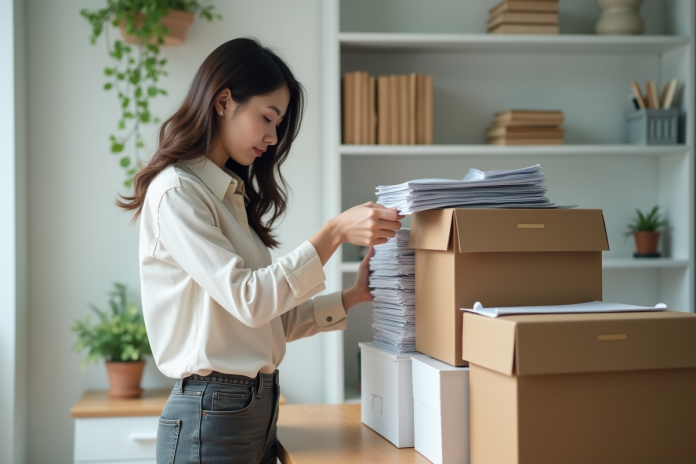 Jeune femme organisant des documents dans un bureau moderne