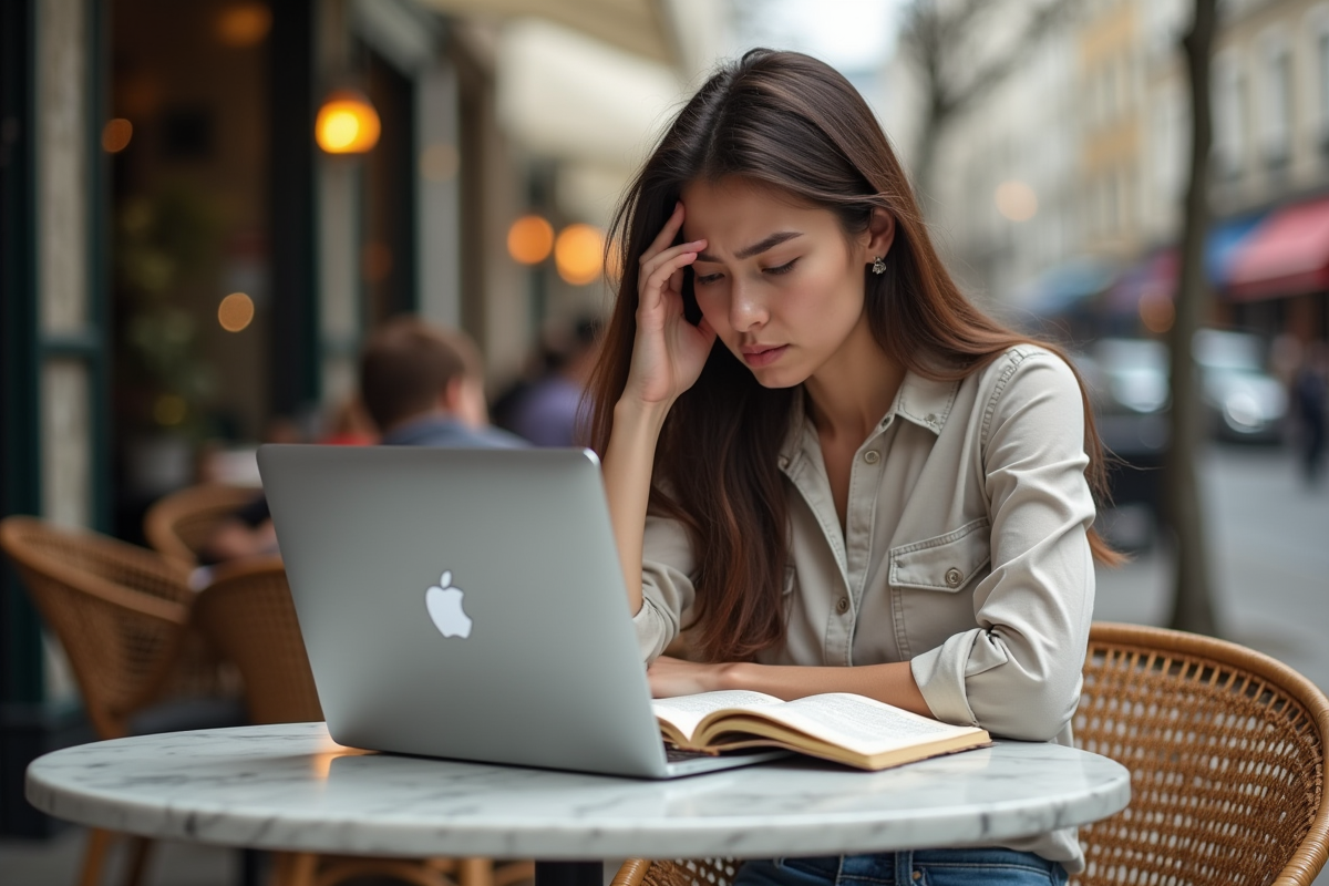 Jeune femme française vérifie son ordinateur et son carnet de croquis