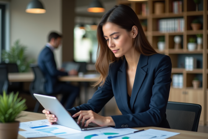 Femme d affaires concentrée avec tablette dans un bureau moderne