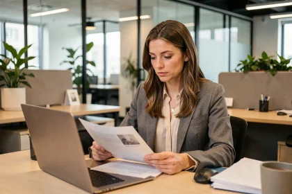 Femme professionnelle évaluant une offre d'emploi dans un bureau moderne en 2026