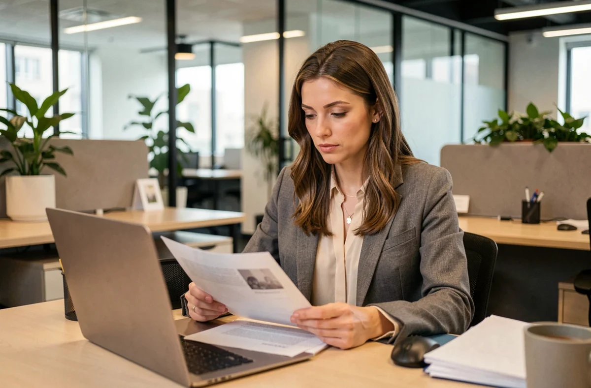 Femme professionnelle évaluant une offre d'emploi dans un bureau moderne en 2026