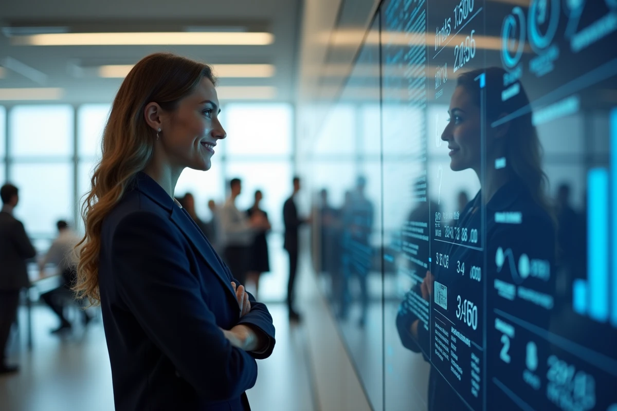 Femme professionnelle devant un grand écran interactif