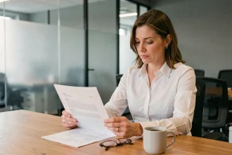 Femme professionnelle relisant une note de service imprimée dans un bureau moderne