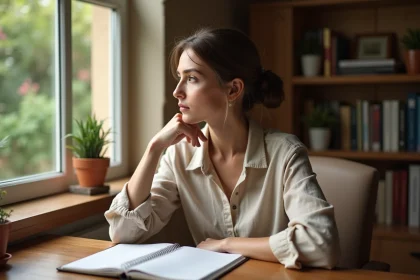 Femme en reconversion professionnelle après un burn-out, pensive à son bureau de télétravail à domicile avec un carnet ouvert