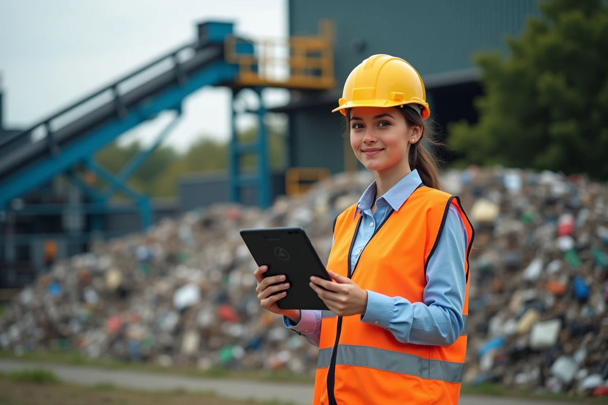 Jeune femme en extérieur avec tablette dans centre de recyclage