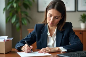Femme rédigeant une lettre de rupture conventionnelle à son bureau avant une reconversion professionnelle