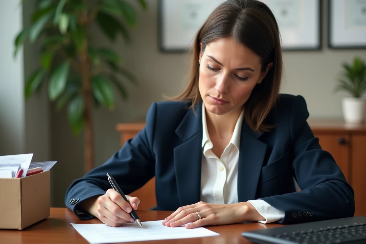 Femme rédigeant une lettre de rupture conventionnelle à son bureau avant une reconversion professionnelle