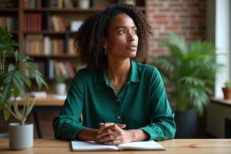 Femme noire réfléchissant dans un bureau moderne et lumineux