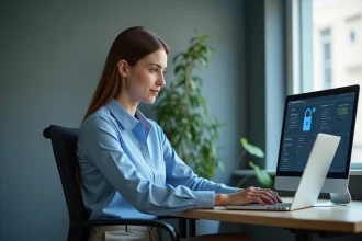 Femme professionnelle vérifiant la sécurité sur son ordinateur