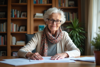 Femme senior française lisant des documents chez elle