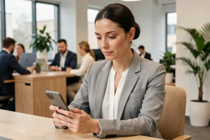 Femme utilisant un smartphone pour accéder à une application de paie dans un bureau moderne