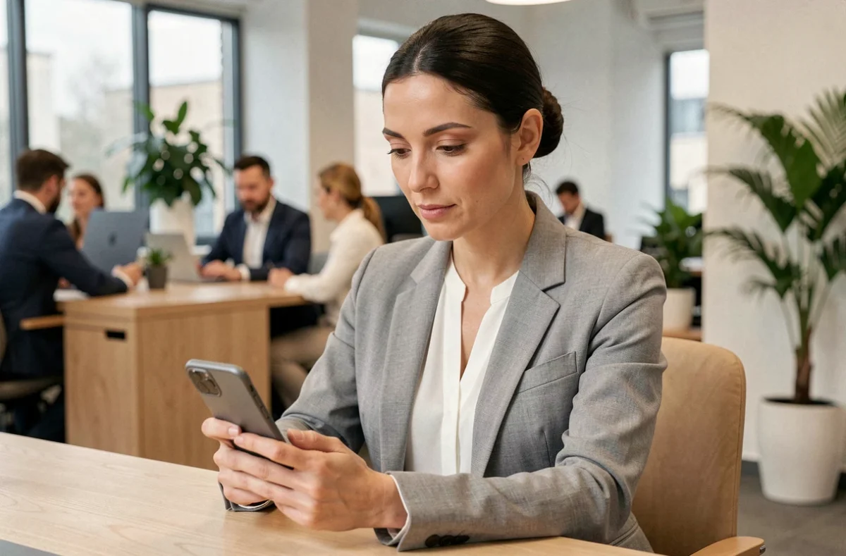 Femme utilisant un smartphone pour accéder à une application de paie dans un bureau moderne