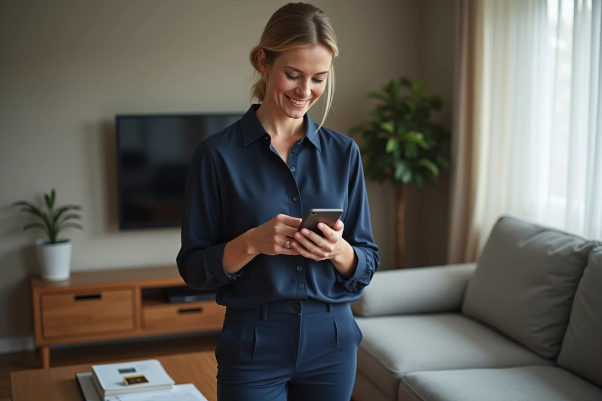 Femme souriante regardant son smartphone dans un salon