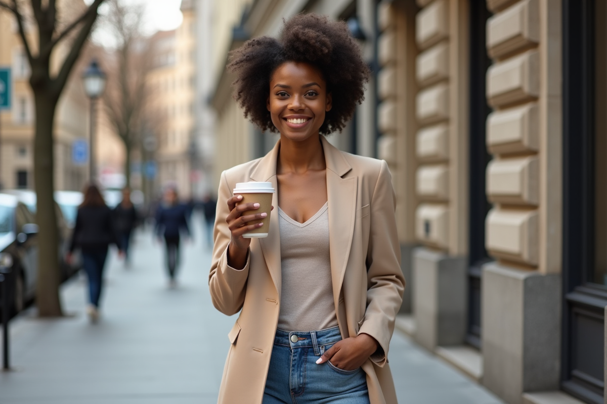 Femme noire souriante dans la rue urbaine avec café