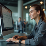 Meilleur logiciel de gestion pour salle de sport : choisir son ERP facilement Jeune femme utilisant logiciel de gym dans un bureau moderne