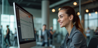 Jeune femme utilisant logiciel de gym dans un bureau moderne