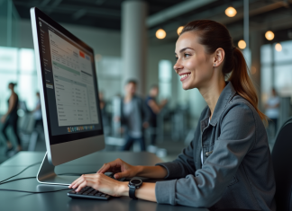 Meilleur logiciel de gestion pour salle de sport : choisir son ERP facilement Jeune femme utilisant logiciel de gym dans un bureau moderne