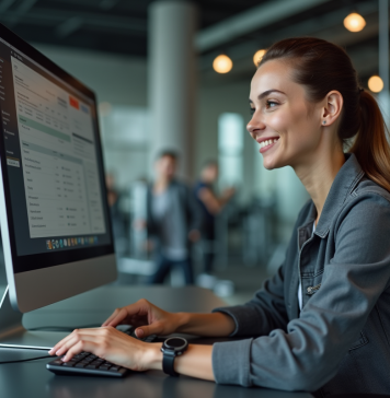 Meilleur logiciel de gestion pour salle de sport : choisir son ERP facilement Jeune femme utilisant logiciel de gym dans un bureau moderne