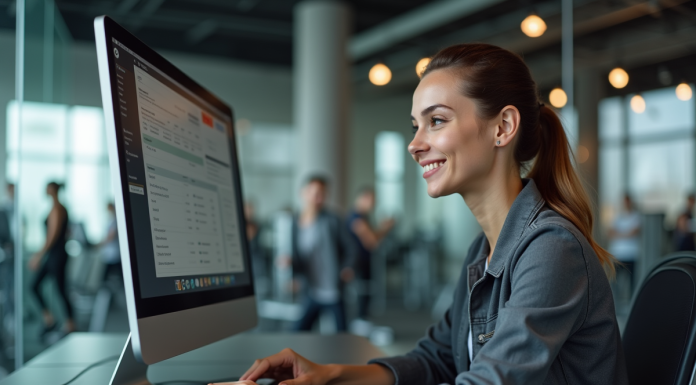 Meilleur logiciel de gestion pour salle de sport : choisir son ERP facilement Jeune femme utilisant logiciel de gym dans un bureau moderne