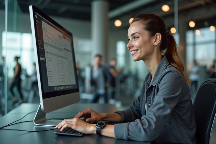 Jeune femme utilisant logiciel de gym dans un bureau moderne