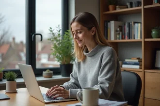 Femme en télétravail à son bureau à domicile, illustrant la reconversion professionnelle sereine en 2026