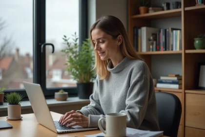 Femme en télétravail à son bureau à domicile, illustrant la reconversion professionnelle sereine en 2026