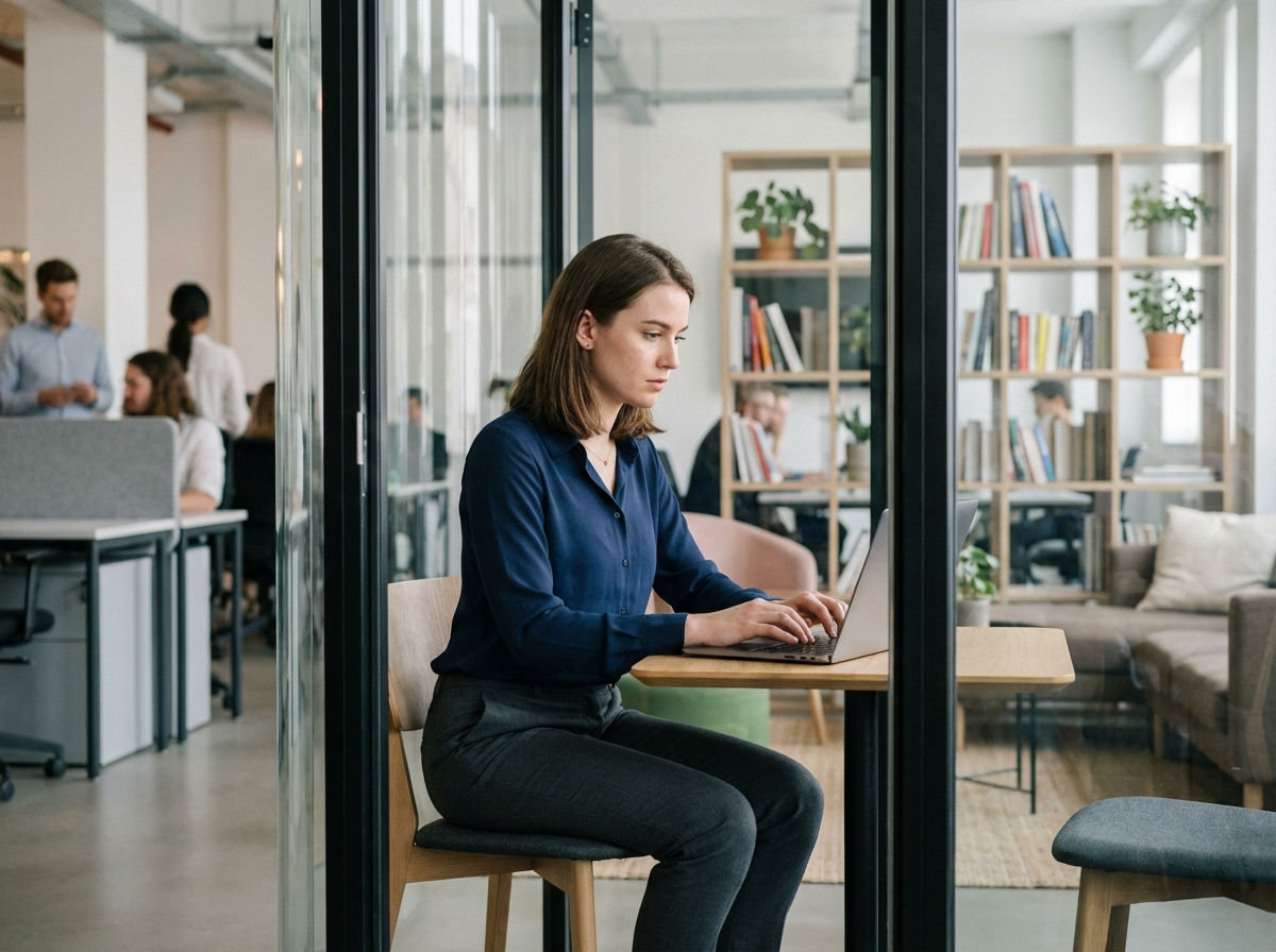 Jeune femme concentrée travaillant sur son ordinateur dans un espace coworking