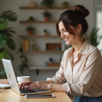 Femme souriante travaillant sur son ordinateur dans une cuisine moderne
