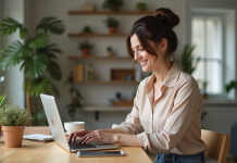 Femme souriante travaillant sur son ordinateur dans une cuisine moderne