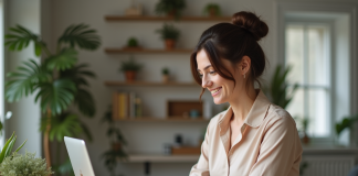 Femme souriante travaillant sur son ordinateur dans une cuisine moderne