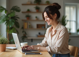 Femme souriante travaillant sur son ordinateur dans une cuisine moderne