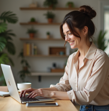 Femme souriante travaillant sur son ordinateur dans une cuisine moderne
