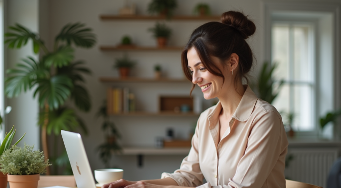 Femme souriante travaillant sur son ordinateur dans une cuisine moderne